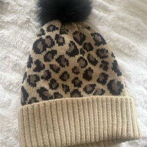Leopard Print Women’s Beanie with Black Pom and Gloves